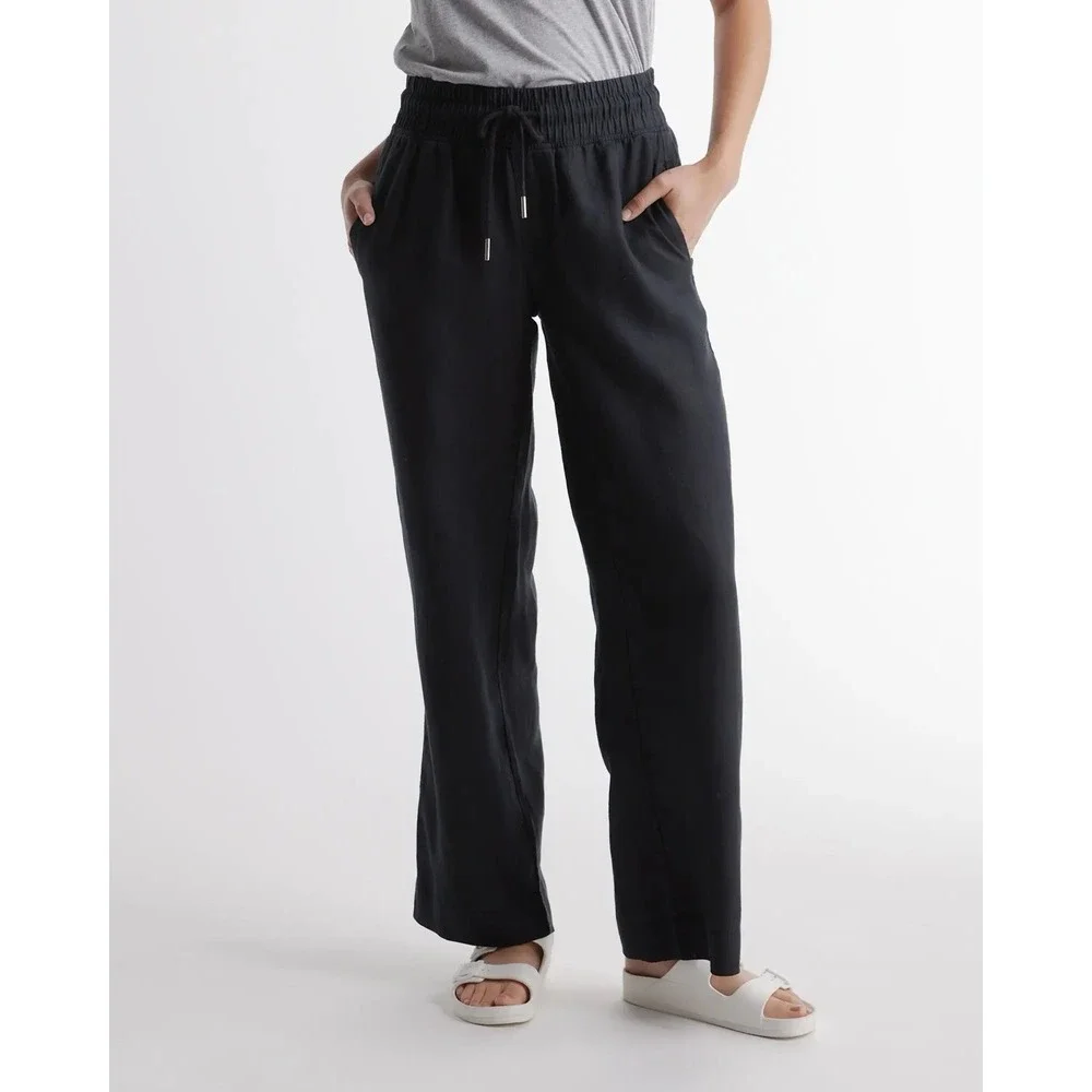 Quince 100% European Linen Wide Leg Pants Black Elastic Waist L Relaxed Fit